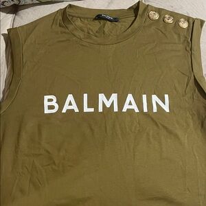 Balmain Olive Green Muscle Tee with Gold Buttons